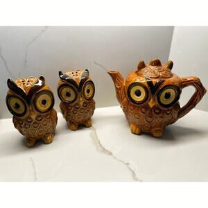 Vintage Owl Tea Pot and Salt Pepper Set of 3 Made in Japan